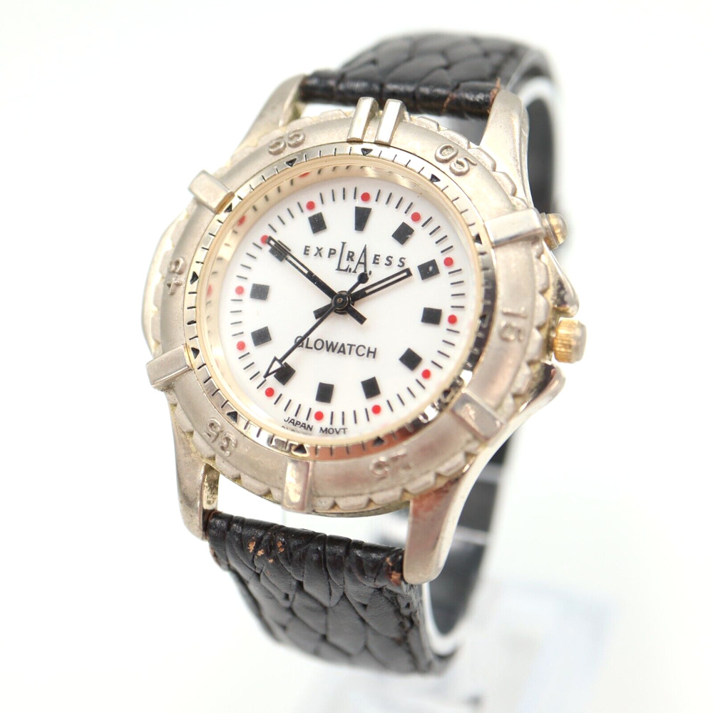 Express LA 40mm Glow Watch White Backlight Dial Black Leather w New Battery